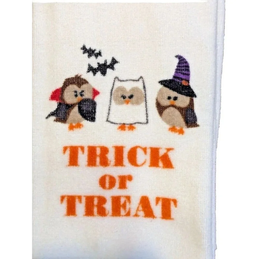 TRICK or TREAT Halloween Owl Kitchen Towels Witch Dracula Ghost Bats 2-pc Gift